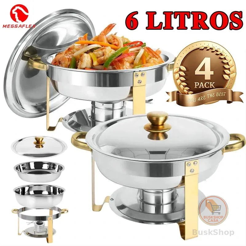 Rechaud Buffet Redondo Dourado Aço Inox com Tampa Inox Quente e Frio Premium para Festas Eventos Catering MEGGAFLEX