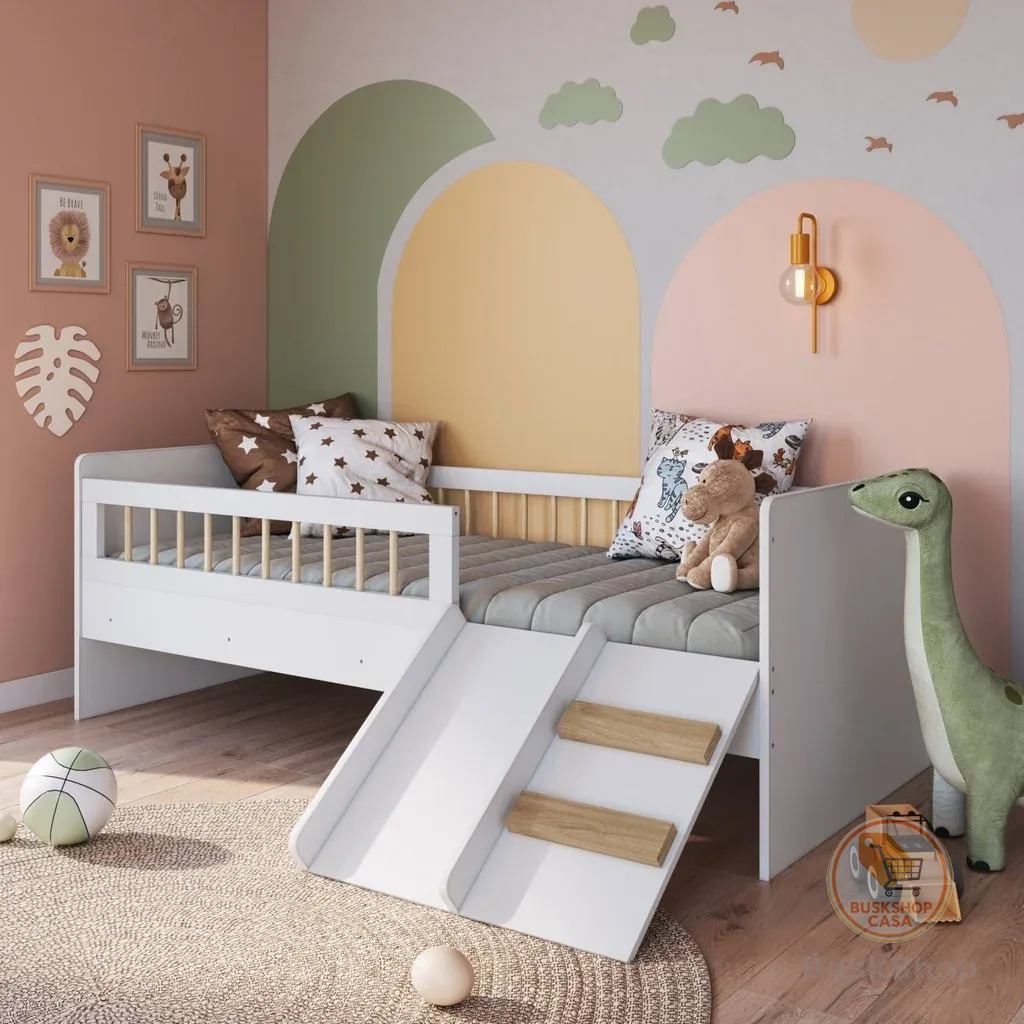 Cama Montessoriana de Solteiro com Escada e Escorrega Affetto Branco