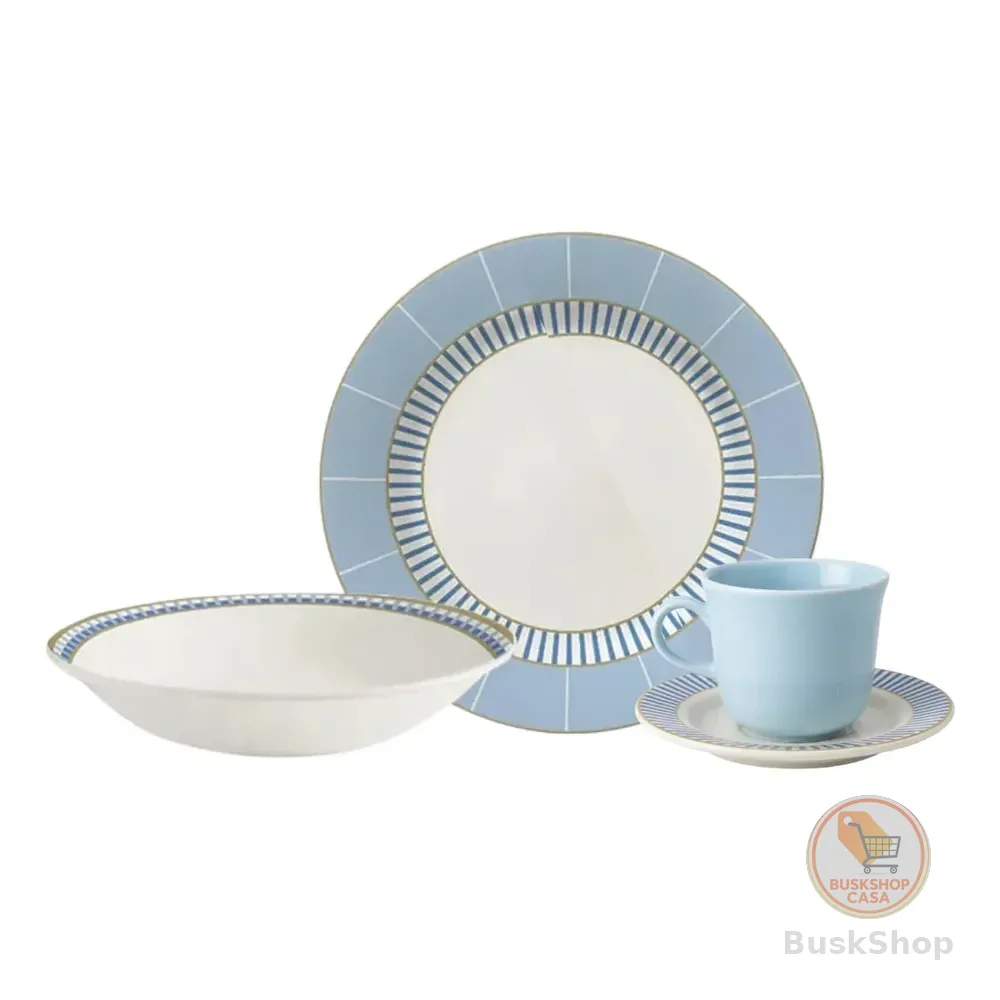 Aparelho Jantar 16 Pçs Porcelana Azul Pratos Xícara Decorada Branco/azul/azulado Redondo Fundo Raso Servir Visitas