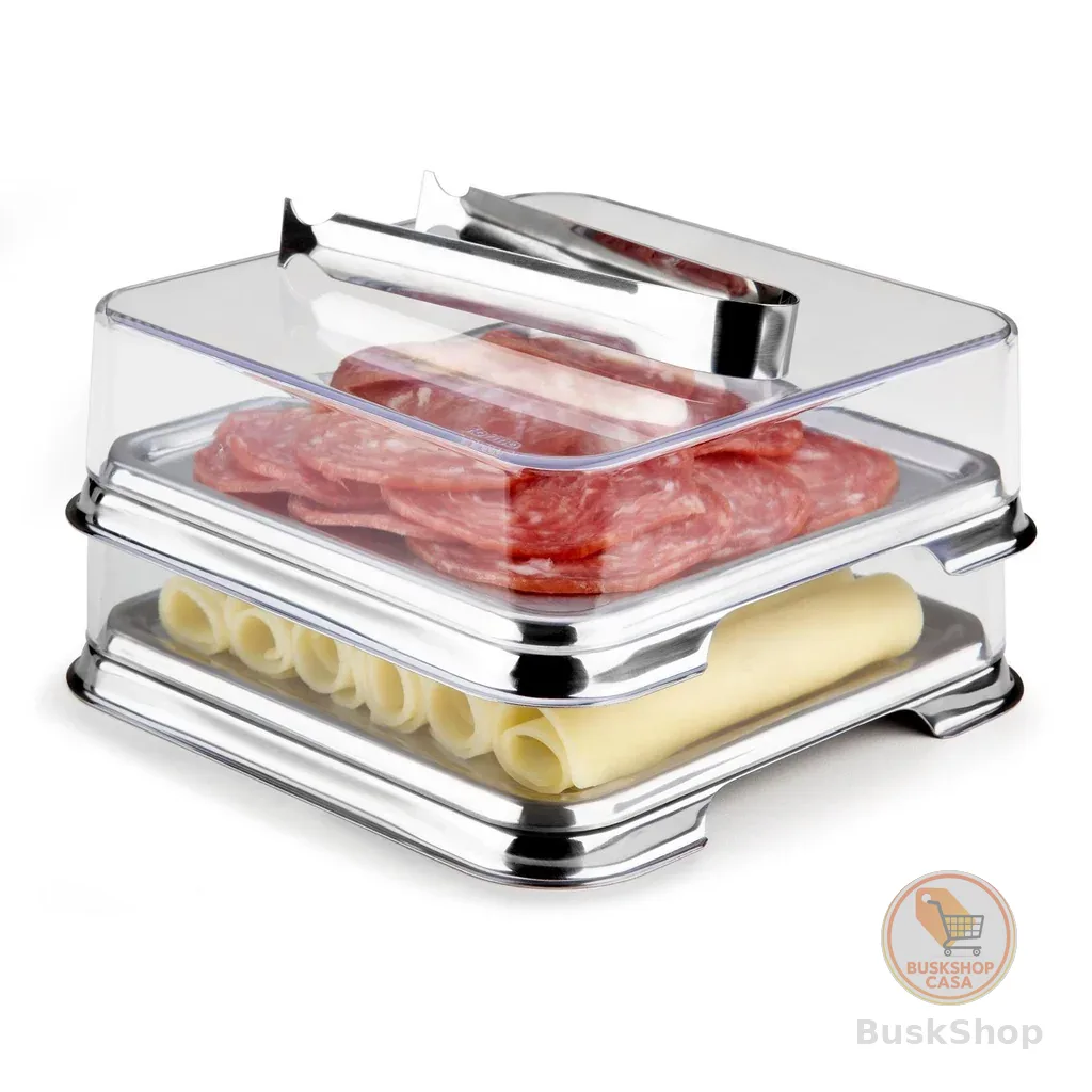 Porta Frios Duplo Inox Empilhável Com Pegador Pinça  Organizador Geladeira Casa