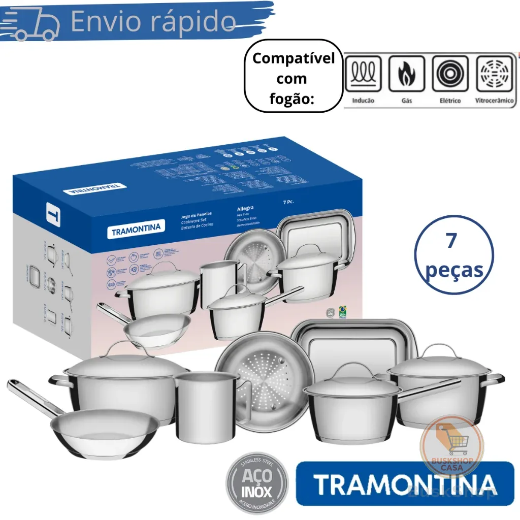 Conjunto Jogo de Panelas Allegra Aço Inox Fundo Triplo Tramontina 7 Peças Compatível Fogão Indução