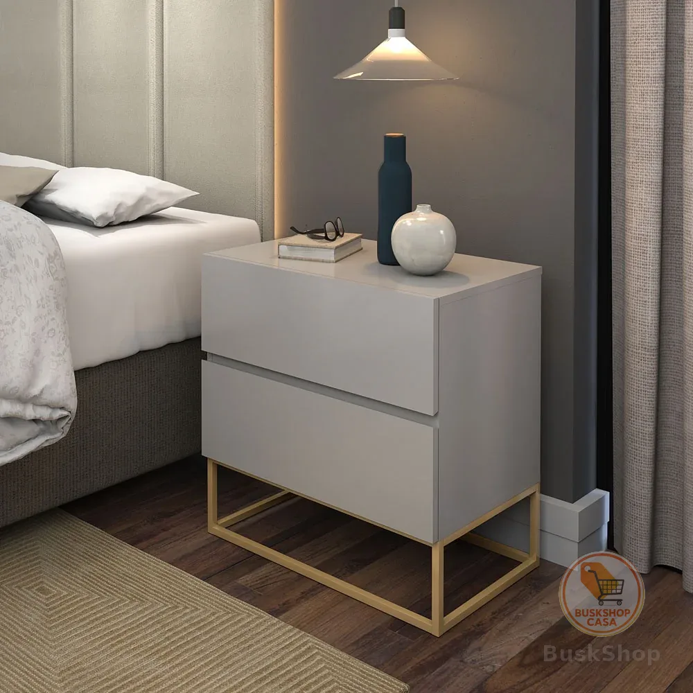 Mesa Cabeceira Eros 45cm 2 Gavetas estilo Industrial com Pés Dourado