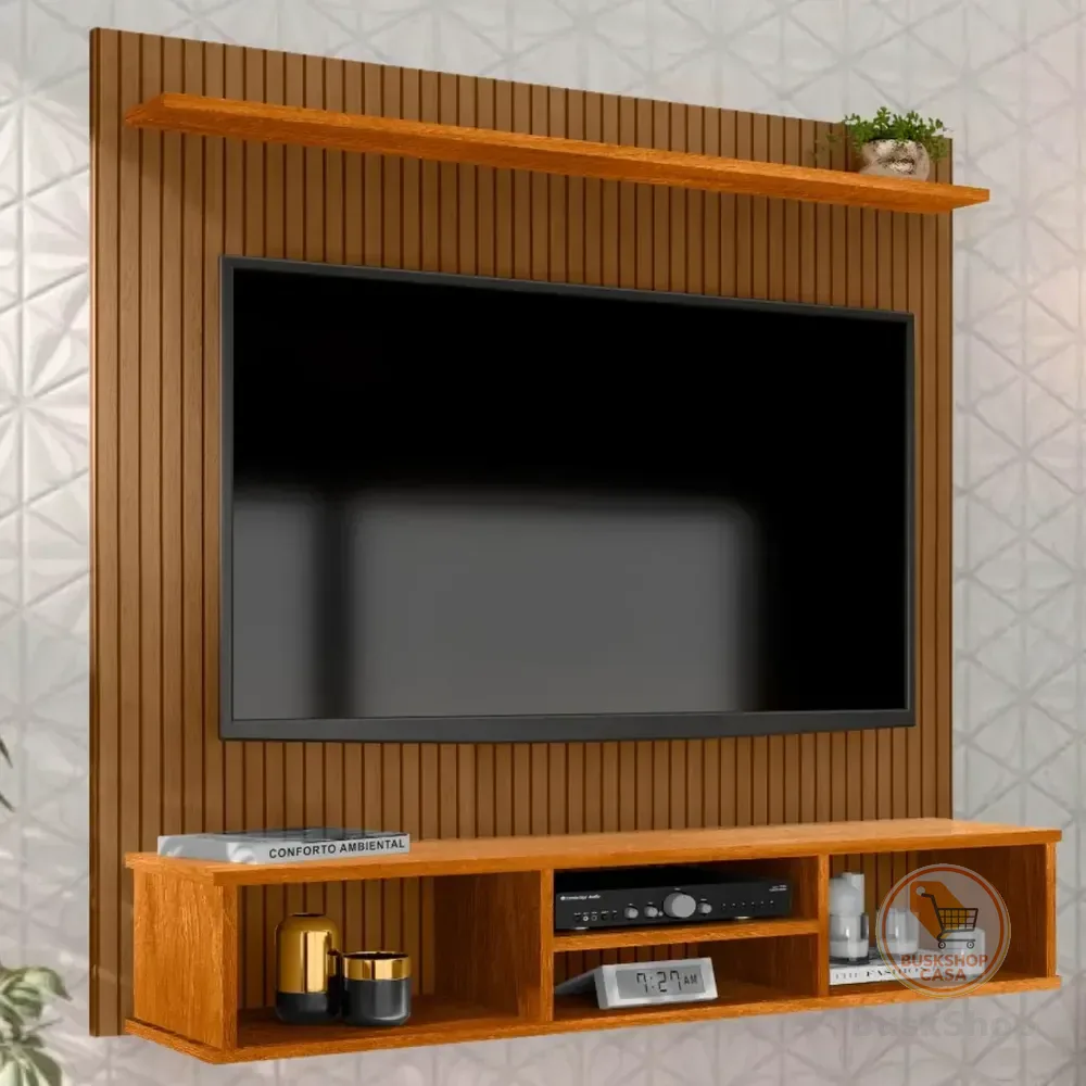 Painel Suspenso Everest Tv Até 50" Cor Naturale Mdp Design Ripado 3 Nichos