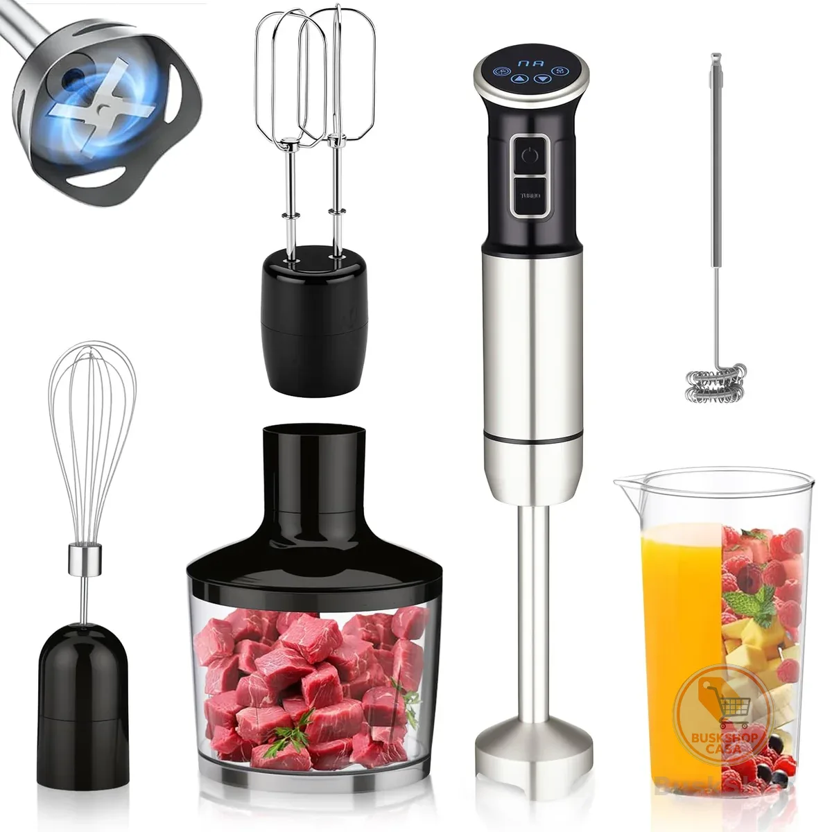 6 em 1 mixer de mão, 1000W, 8 velocidades, Exibição digital LCD, Vem com um copo de 860 ml, Triturador de 600 ml, Batedor de aço inoxidável com 4 pás, Adequado para sopas, smoothies e purés(220V)