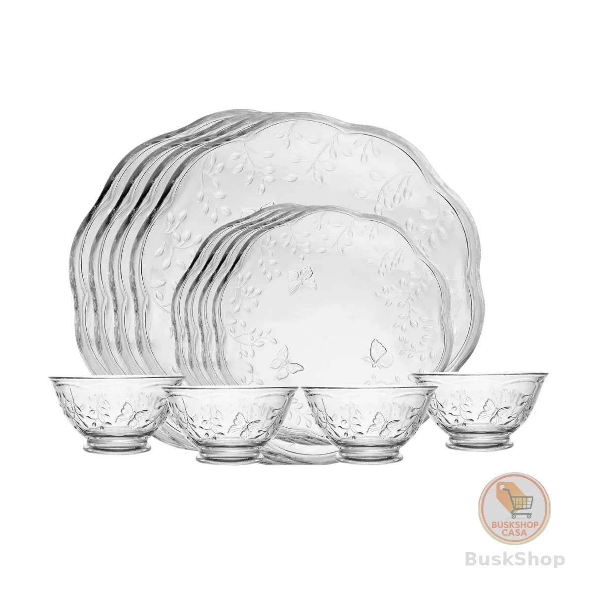 LYOR - Jogo de Jantar 12 peças New Butterfly em Cristal Ecológico - Serve 4 Pessoas - 4 Pratos Rasos, 4 Pratos para Sobremesa e 4 Bowls.
