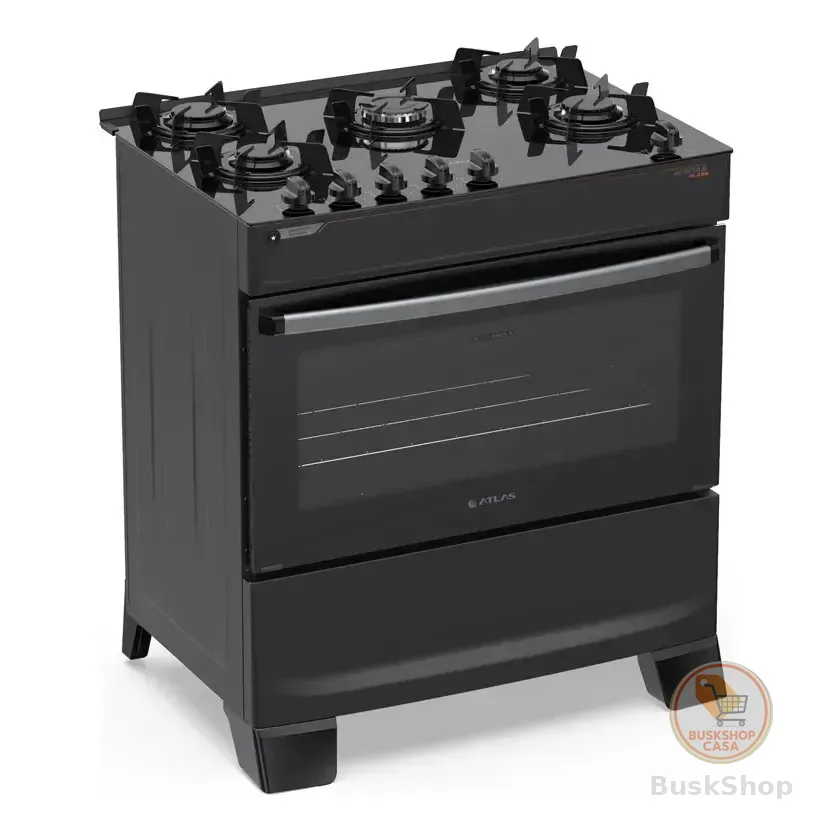 Fogão 5 Bocas Atlas Atenas Glass A Gás Com Mesa De Vidro E Mega Chama Preto Bivolt 127/220v Preto 127/220v