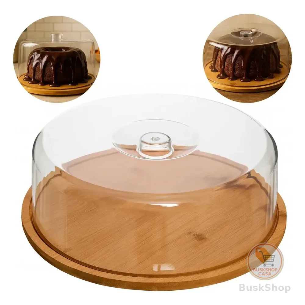 Boleira Porta Bolo Bambu Com Tampa Cúpula Em Acrílico 28cm