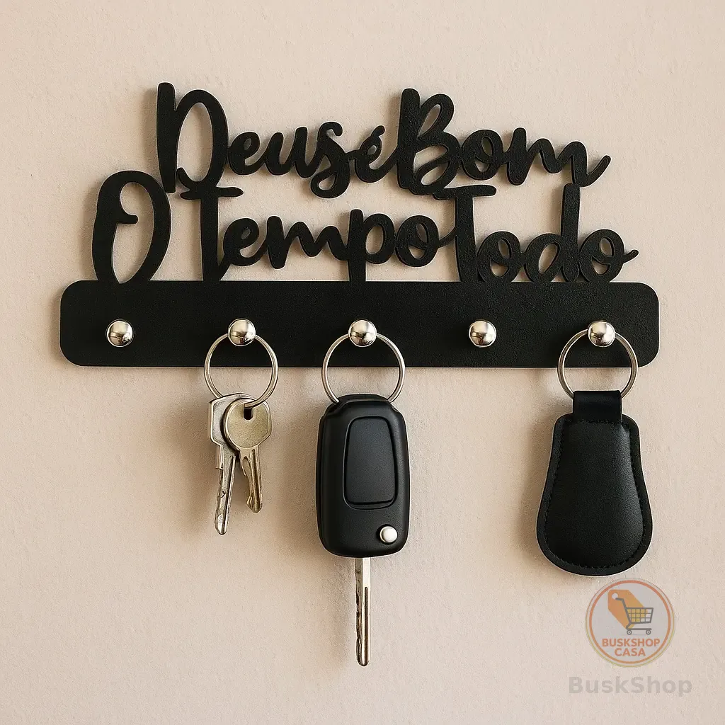 Porta Chaves de Parede Decorativo Multiuso em MDF 3mm Preto Deus é Bom o Tempo Todo Envio Imediato