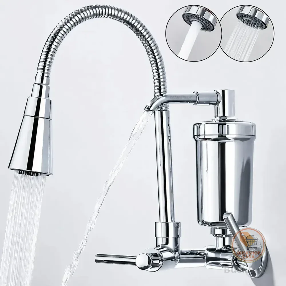 Torneira Gourmet Com Filtro Purificador De Água Flexível Pia Cozinha Bica De Parede 2 Jatos Cor Prateada Linha Premium - Marca Camperluz Prateada ( Parede C/ Filtro) Cromado