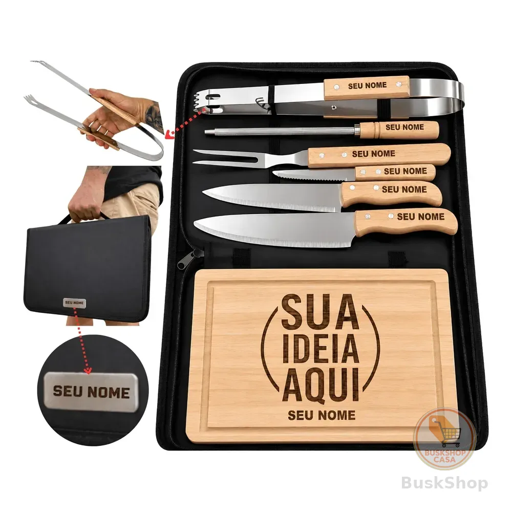 Kit Churrasco Personalizado Tábua Faca Garfo Nome Time Logo