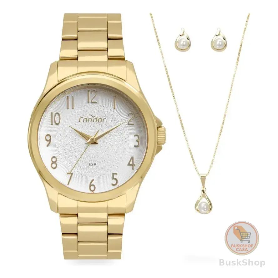 Kit X3 Relógio Feminino Dia A Dia Dourado Fundo Prata Condor