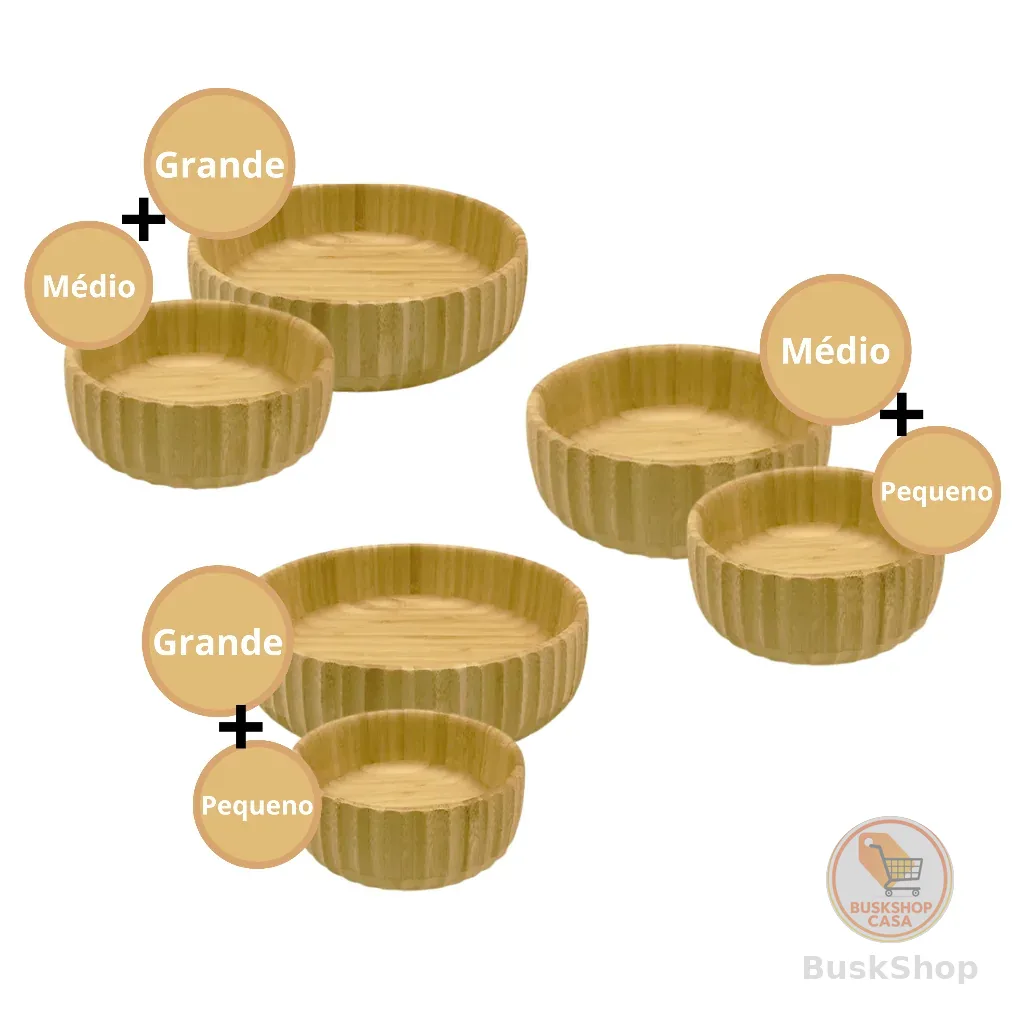 Kit Bowls 2 Unidades Saladeiras Tijelas Canelado Bambu Grande Médio e Pequeno Cozinha - Oikos