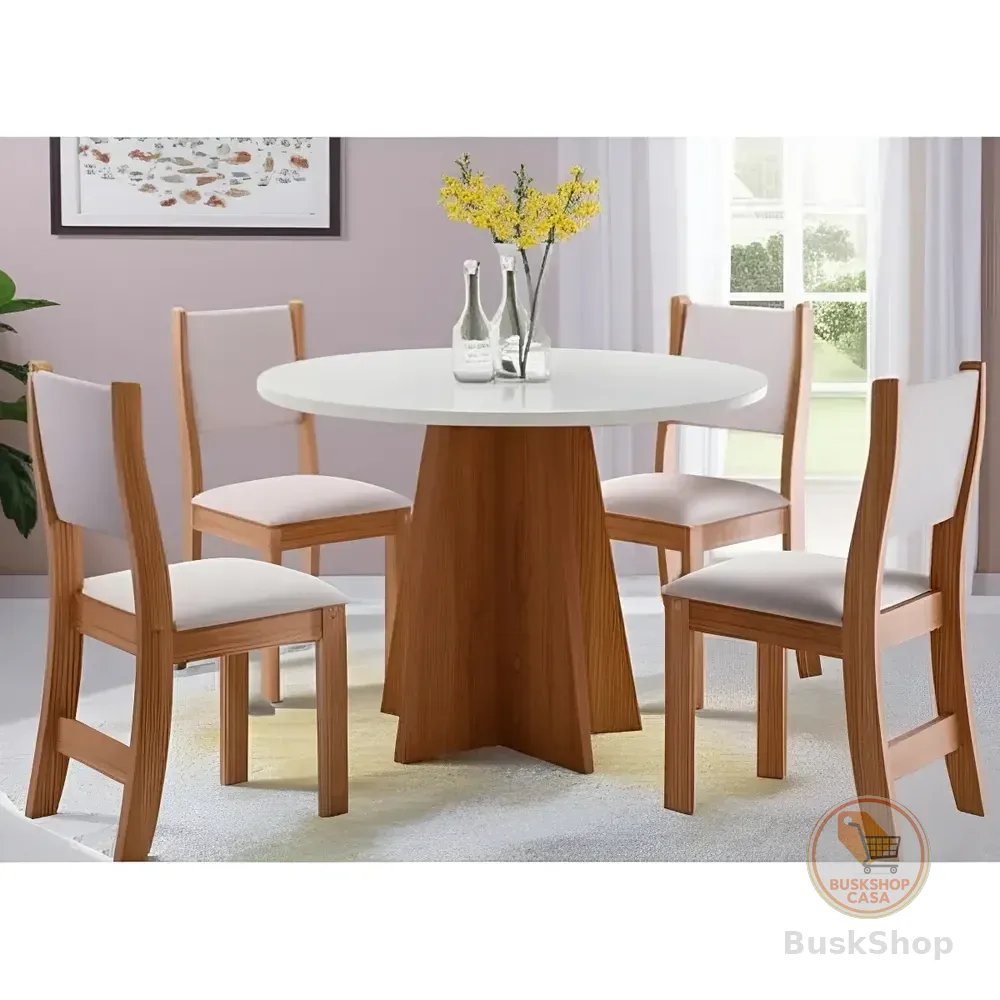 Conjunto De Mesa Vieiro Slin Redonda Com 4 Cadeiras Tampa Linho Pés Amendoa
