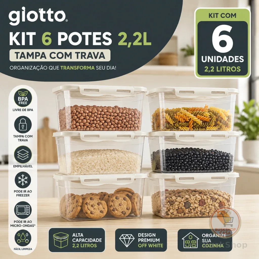 Kit 6 Potes Com Tampa e Trava 2,2L Alto Off White Freezer E Microondas Marmitas Fitness Giotto