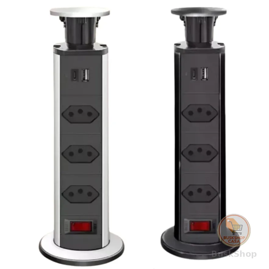 Torre de Tomada Multiplug Retrátil 3 Tomadas e USB+USB-C Embutir