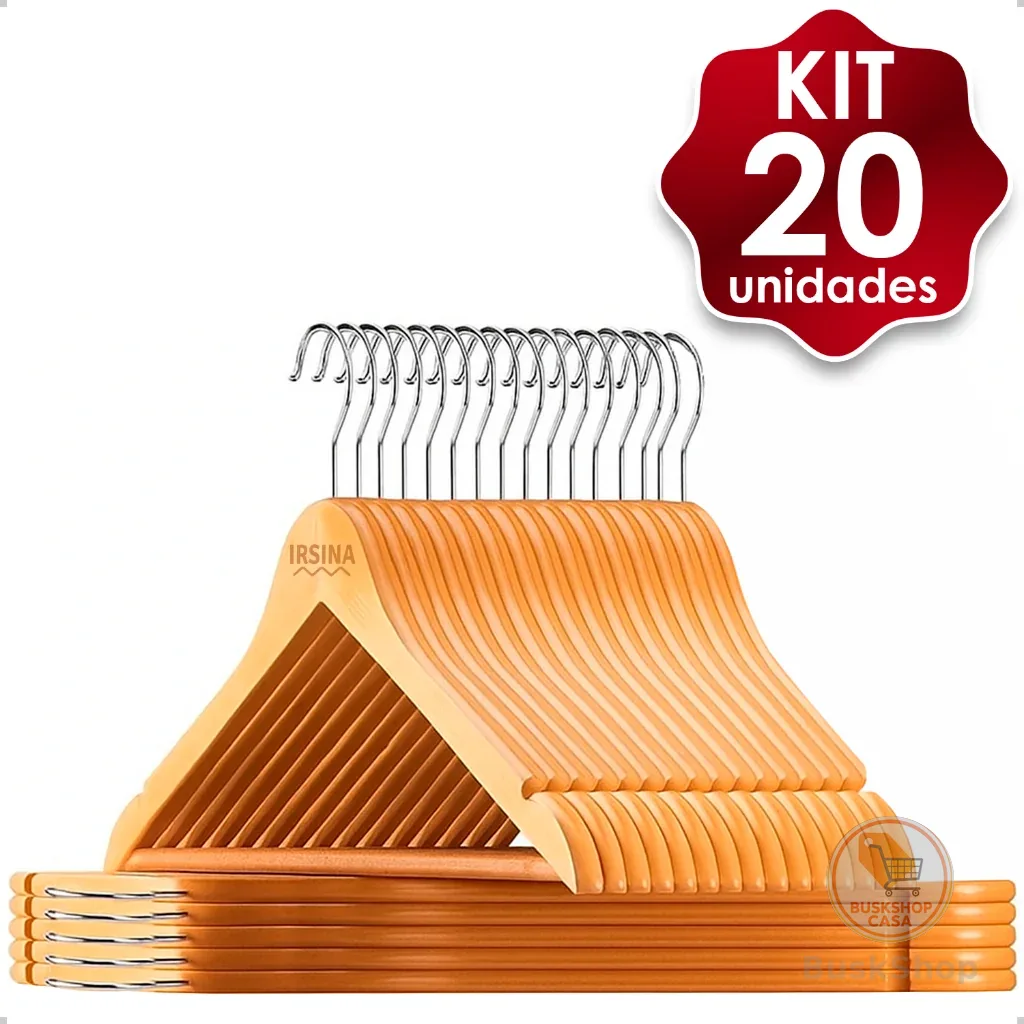 KIT Cabides de Madeira Antiderrapante Natural Roupas Gancho de Metal Marfim Camisa Calça Vestido