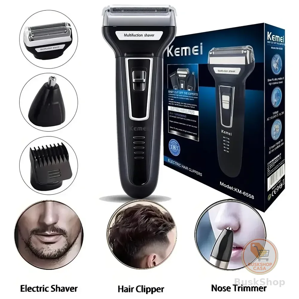 Barbeador Aparador Cortador Kemei 3 Em 1 Km-6558 Recarregável Preto 127/220v