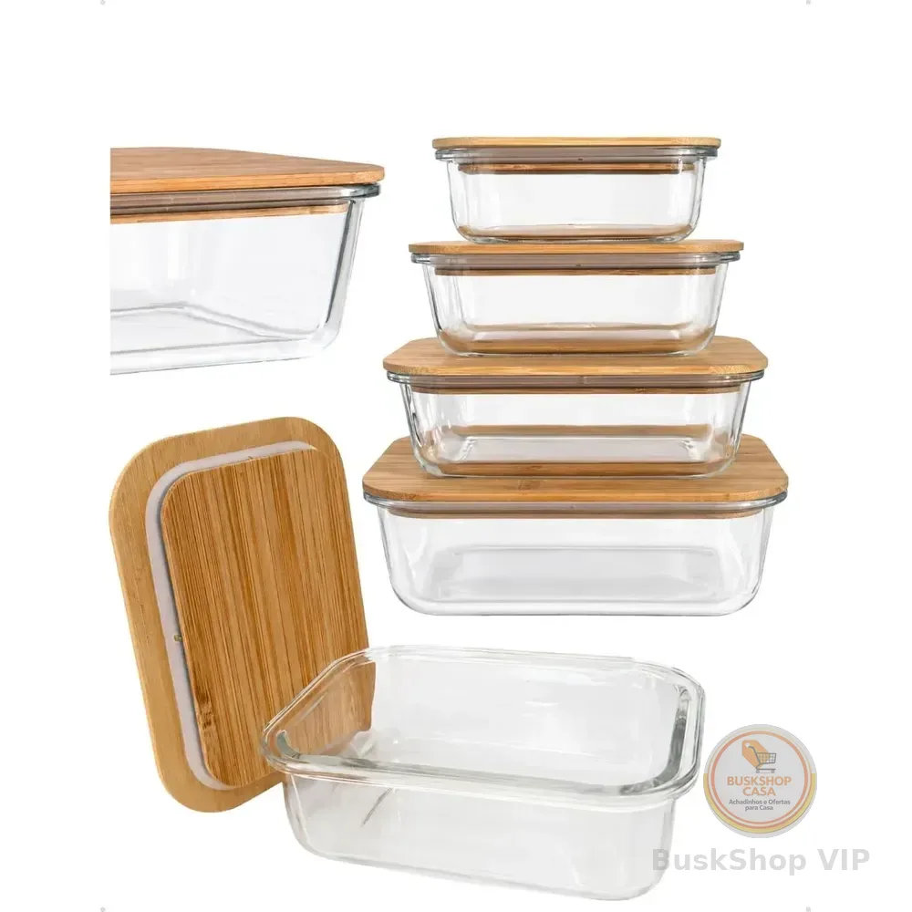 Kit 4 Potes De Vidro Tampa Bambu Hermético Marmita Forno Branco