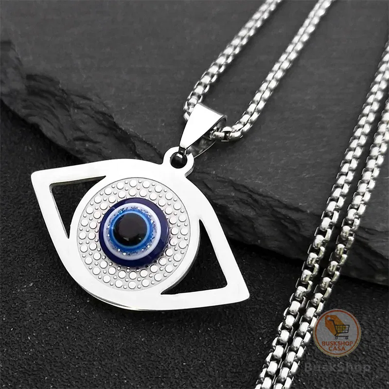 Colar Islâmico Hamsa Olho Grego Azul em Aço Inoxidável, Pulseira Olho Turco, Joias Gregas ojo turco acero inoxidable N1137S02