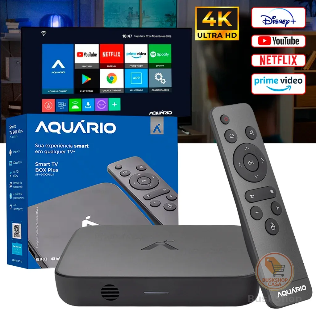 Smart Box TV Aquário STV-3000 Plus 4K Android 11 Wi-Fi HDMI RCA Original NF