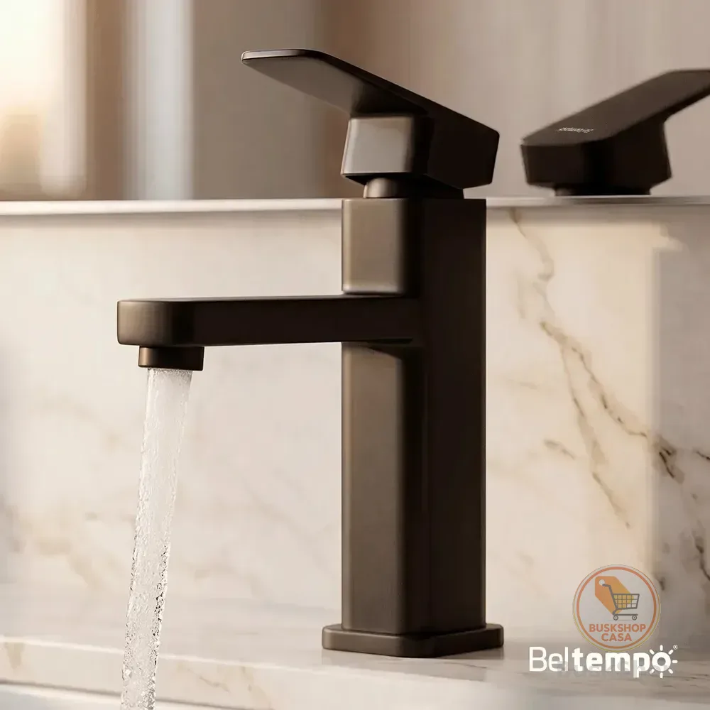 Torneira Para Banheiro Lavabo Bica Baixa Bancada Quadrada Inox E Abs Preta Fosca Beltempo Preto Fosco
