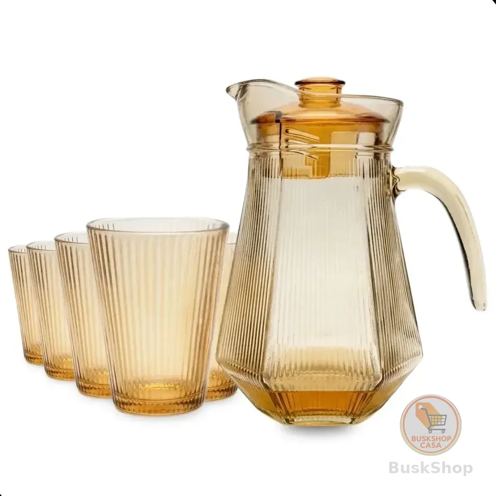 Jarra Com 6 Copos Vidro 7 Peças Kit Suco Água Bebidas Dourado