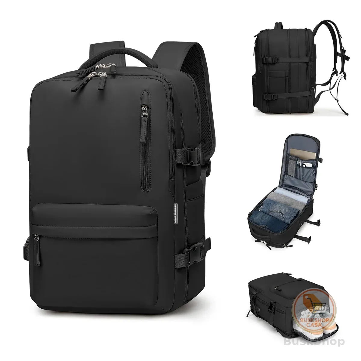 Romantic Crown Mochila de Viagem Expansivel Avião Grande Feminina,Mochila Executiva Masculina Impermeável Reforçada para Notebook,Casual Esportes Hiking Escola Presente (Todo Preto)