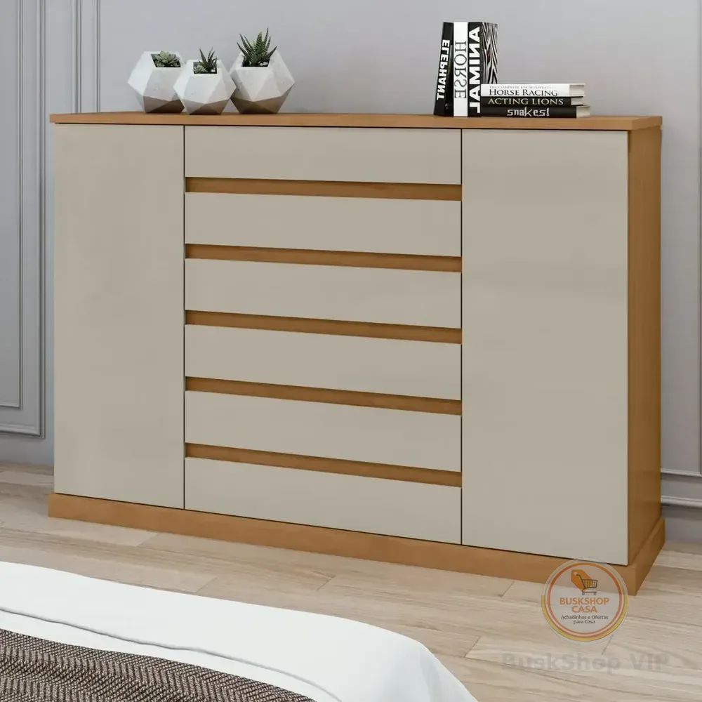 Cômoda 2 Portas 7 Gavetas 3 Prateleiras Vedra Bjwt Amêndoa Clean/off White