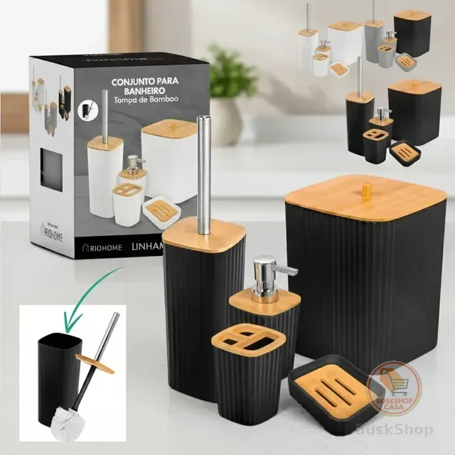 Kit Conjuto Acessórios P/ Banheiro Lavabo Luxo 5 Peças Bambu