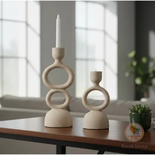 kit 2 Porta-velas Castiçal decorativo em Polirresina Bege organico geometrico minimalista
