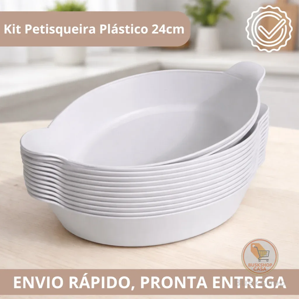 Kit c/5-50 Travessas Petisqueiras Plástico Branco Resistente 24cm-Servir comidas,churrasco,petiscos