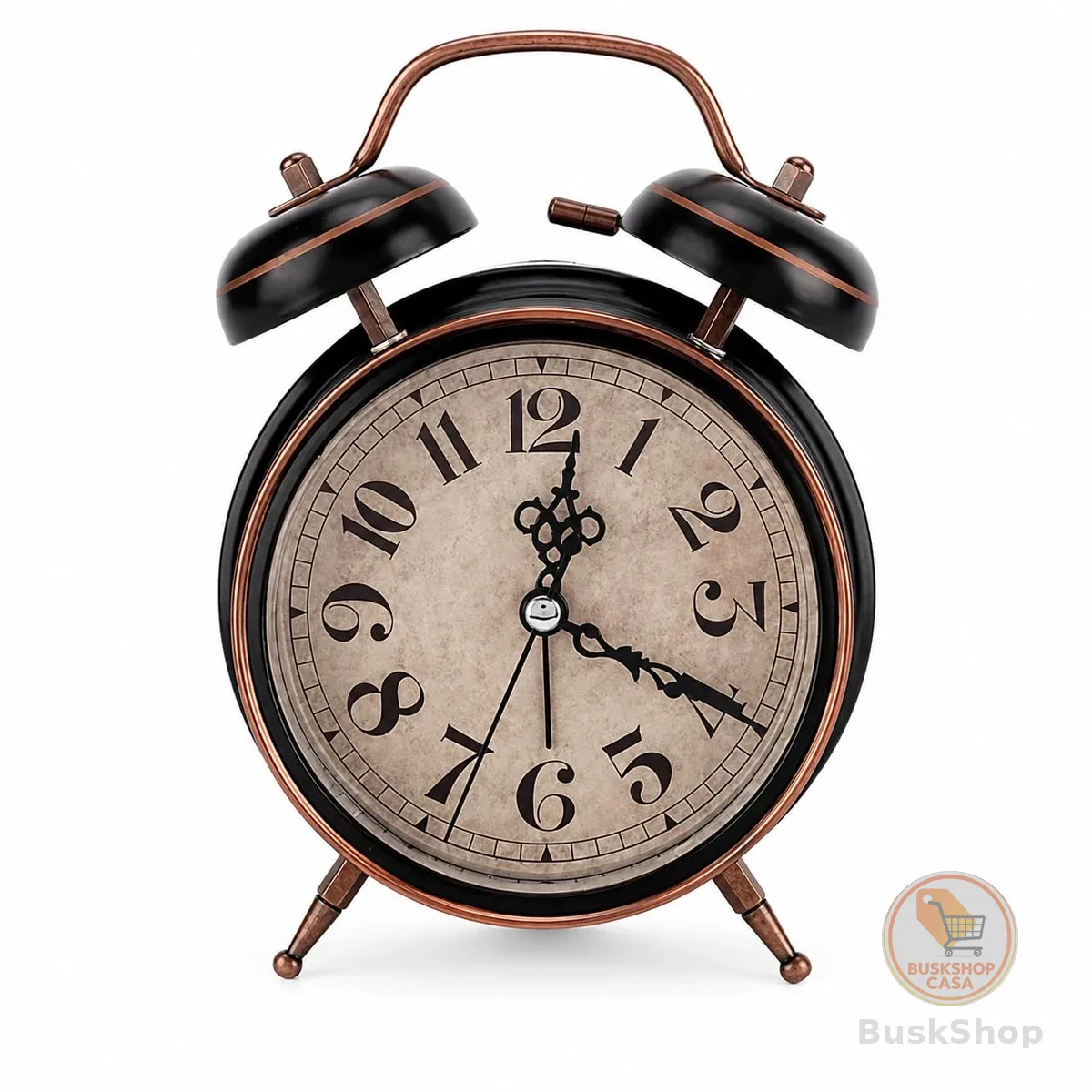 Relógio Despertador Retrô Analógico Preto com Detalhes em Cobre Estilo Vintage Som Tradicional Despertador Clássico Decorativo para Mesa de Cabeceira Quarto ou Escritório
