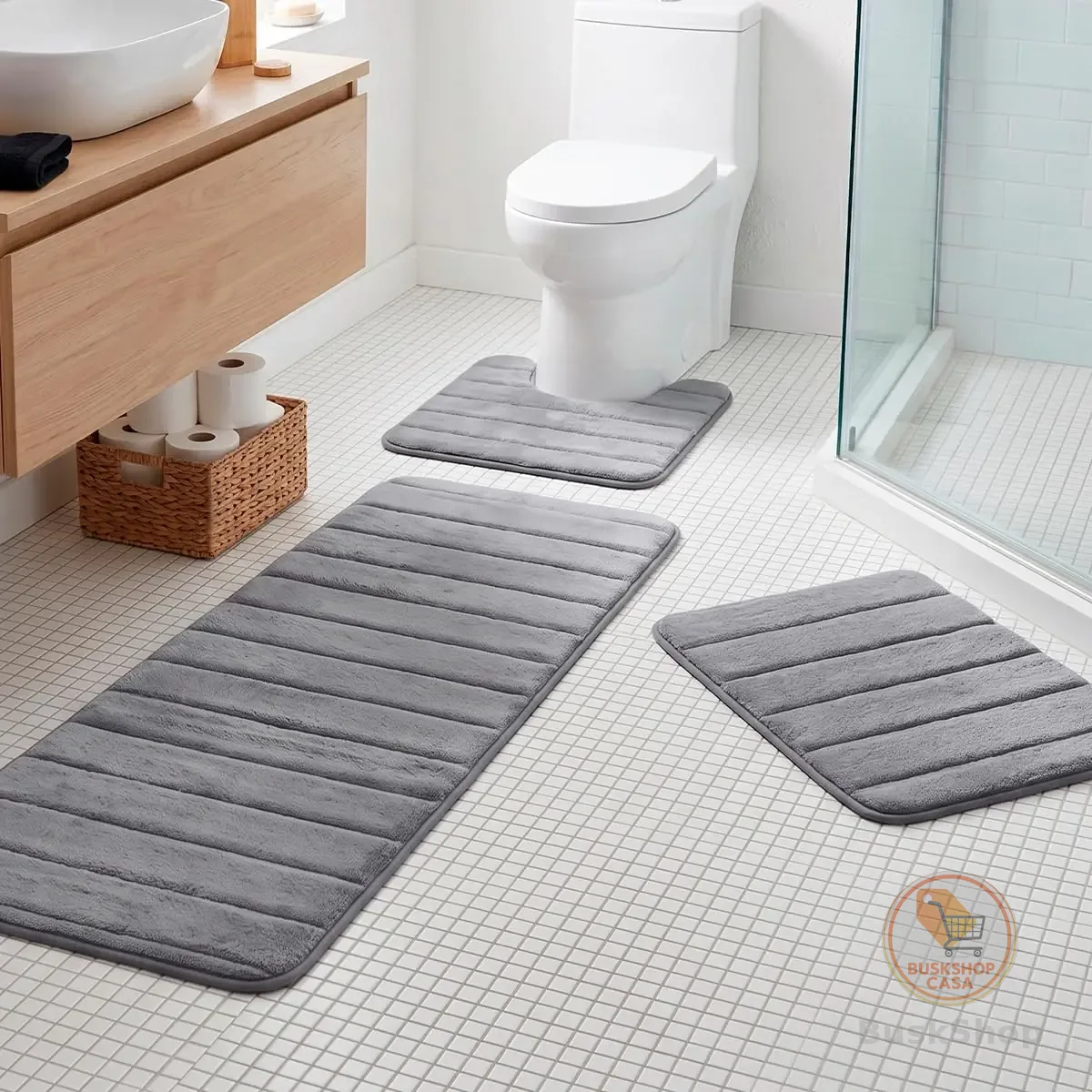 Decolab Jogo De Tapetes Para Banheiro Completo | Kit Tapetes Banheiro Ultra Absorvente | Tapetes Antiderrapantes Super Soft Multiuso Decoração (Cinza-escuro, 3 Peças)
