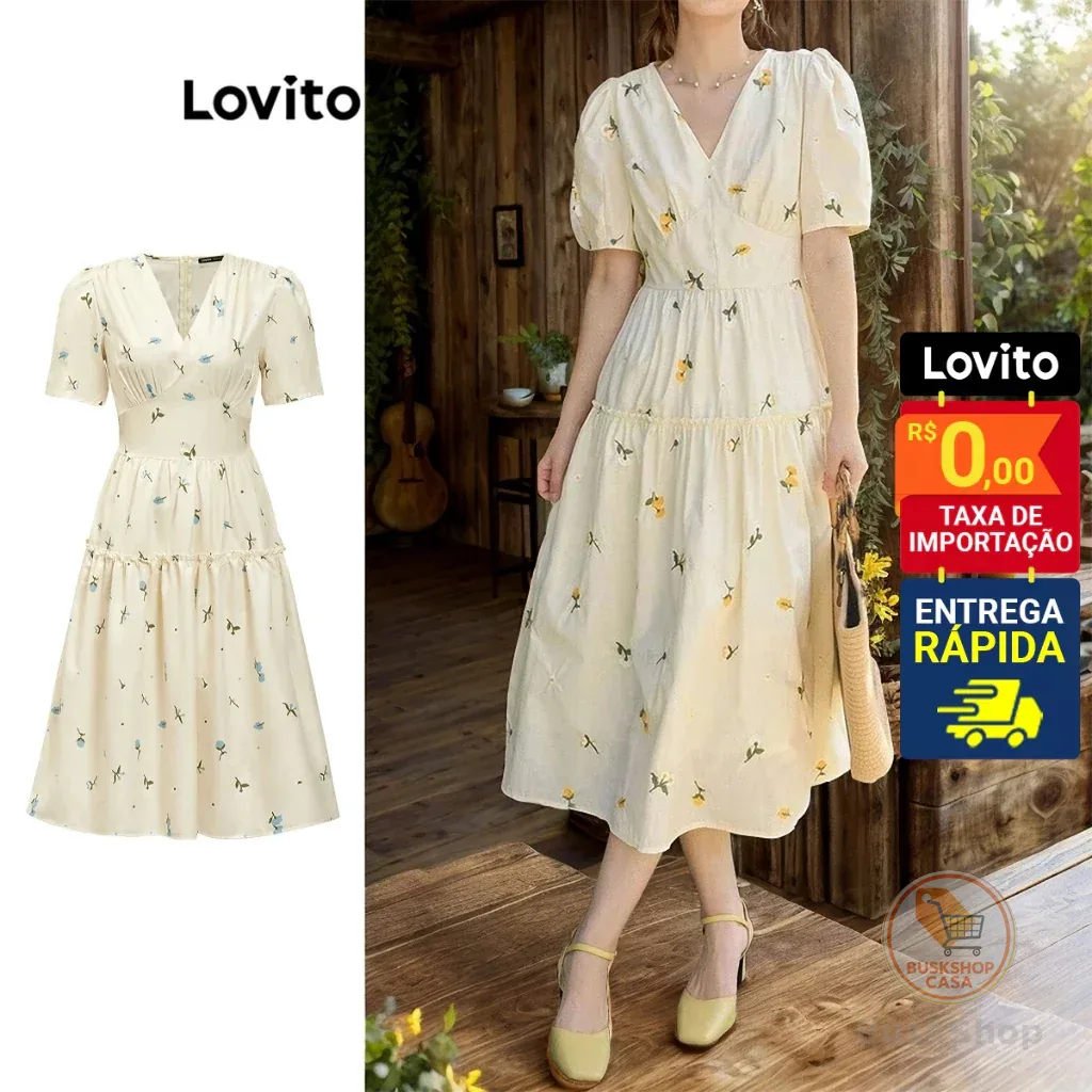 Lovito Vestido Feminino Midi Camponesa com Mangas Bufantes Floral DRB71ED267