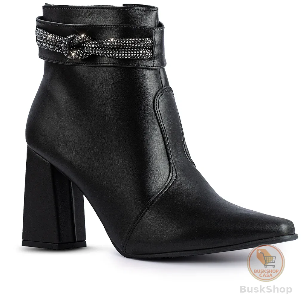 Bota Feminina Lumiss Strass Salto Alto Grosso Bico Fino Confortável Cano Curto