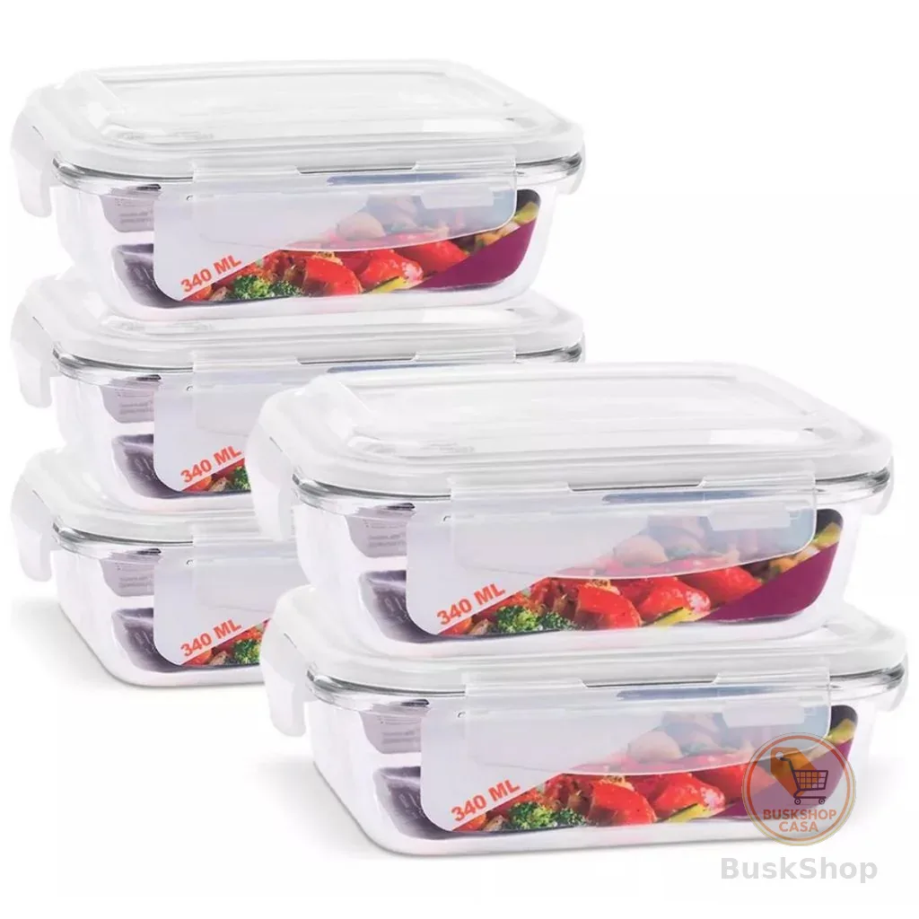 Kit 05 Pote Hermético de Vidro 370ml C/ Valvula Ar Marmita Fit Freezer Microondas Geladeira
