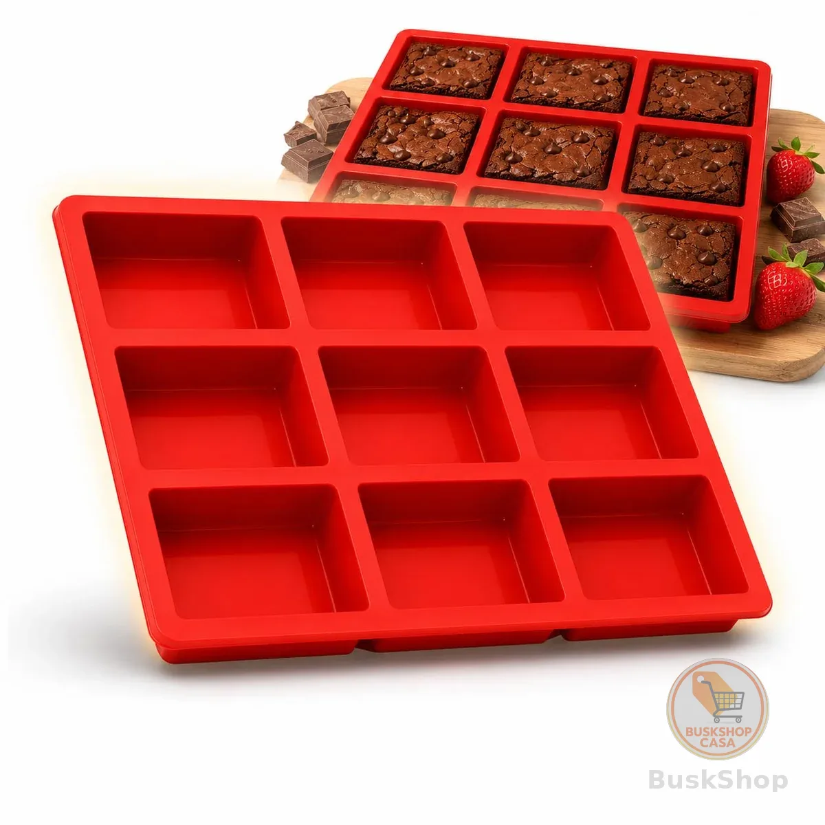 Forma de Silicone Retangular 9 Cavidades Antiaderente para Brownie, Chocolate, Sabonete Artesanal, Gelo, Mini Bolo e Sobremesas | Resistente até 230°C e -40°C