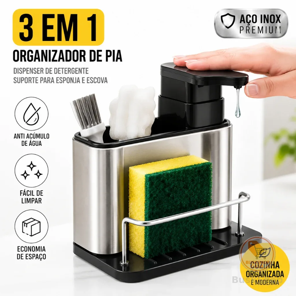 Organizador de Pia 3 em 1 em Aço Inox com Dispensador de Detergente e Suporte para Esponja
