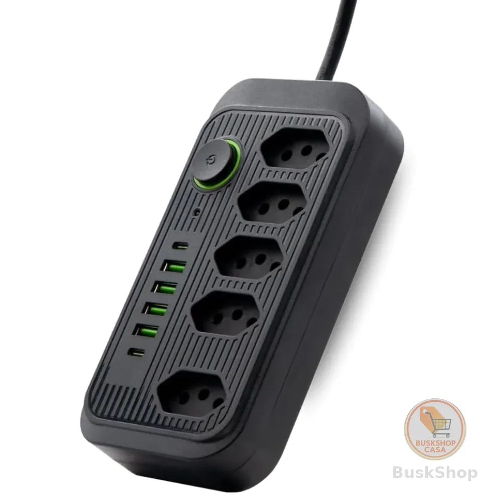 Extensão de Energia Filtro de Linha Régua de Energia com 5 Tomadas 4 USB-A e 2 USB Tipo-C Cabo 2 Metros Bivolt 110-220V Potência 2500W e Carregamento Inteligente Linha Premium (Preto)