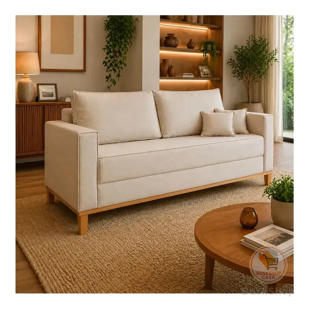 Sofá 3 Lugares Beny 180cm Retratil Moderno Sala Estar Luxo Puff Poltrona Pufe Bege