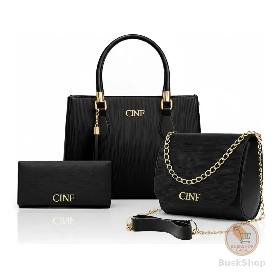 Kit Com 3 Peças Bolsas Feminina Transversal Média Tira Colo Carteira Cor Preta Cinf Liso Ouro Preto