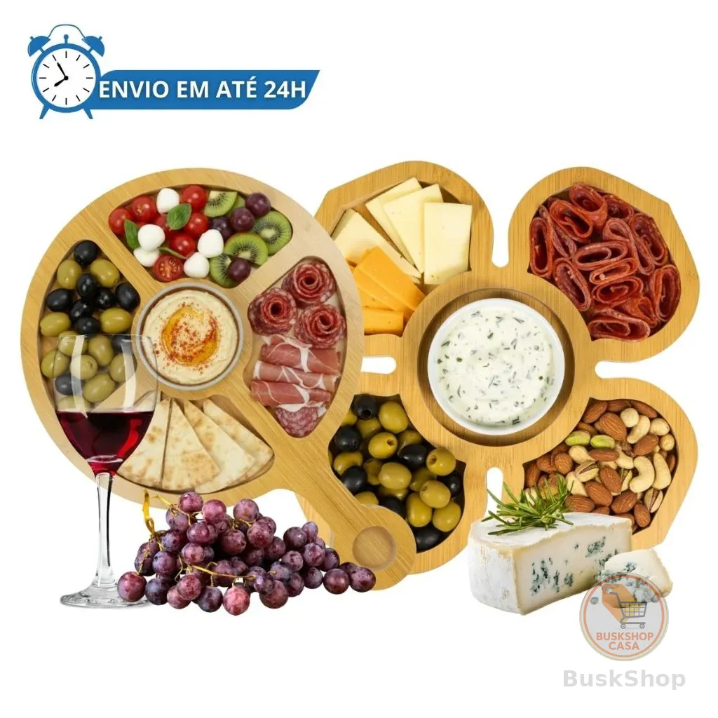 Kit 2 Petisqueira Madeira Redonda e Flor Tábua de Frios Queijo 5 Divisórias