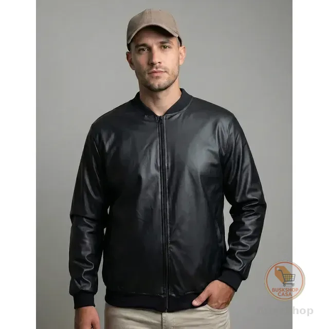 Jaqueta Bomber Courino Masculina Preta Com Zíper