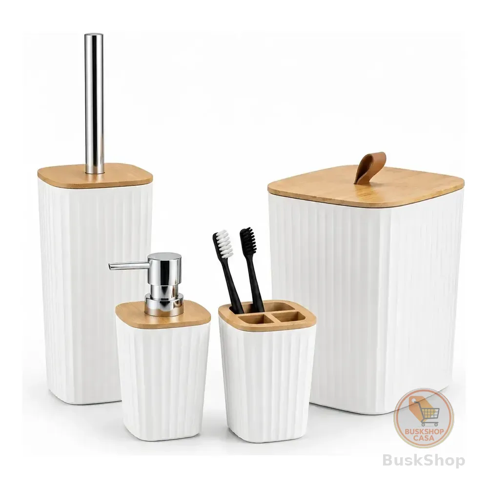 Kit 4 Pcs Banheiro Lavabo Lixeira Porta Escova Luxo Bambu Branco