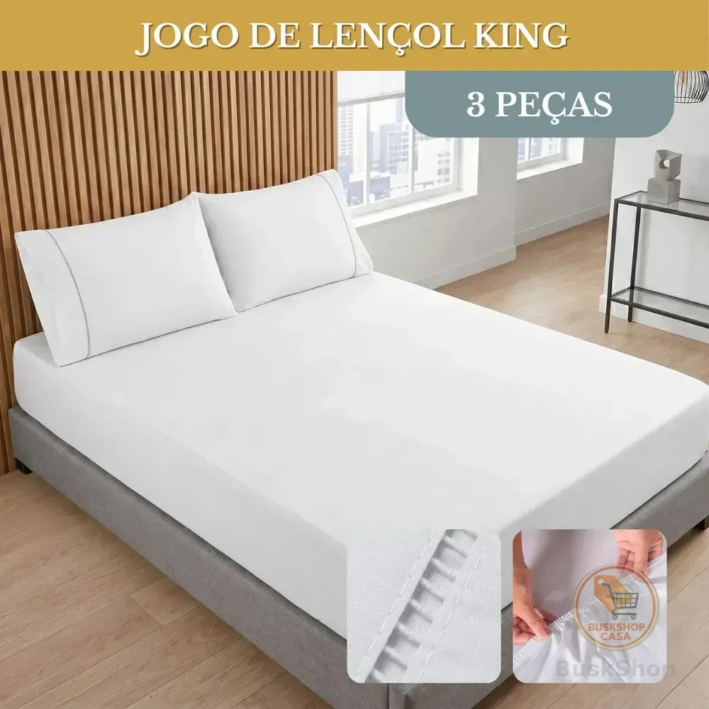 Jogo De Lençol Cama King Size 03 Peças 400 Fios Ponto Palito Toque Suave Macio Cor Branco Liso