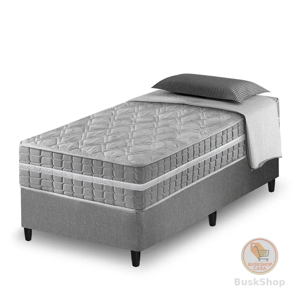 Cama Box Solteiro King Cinza + Colchão Molas Ensacadas Zidi Alabama 96x203x61cm