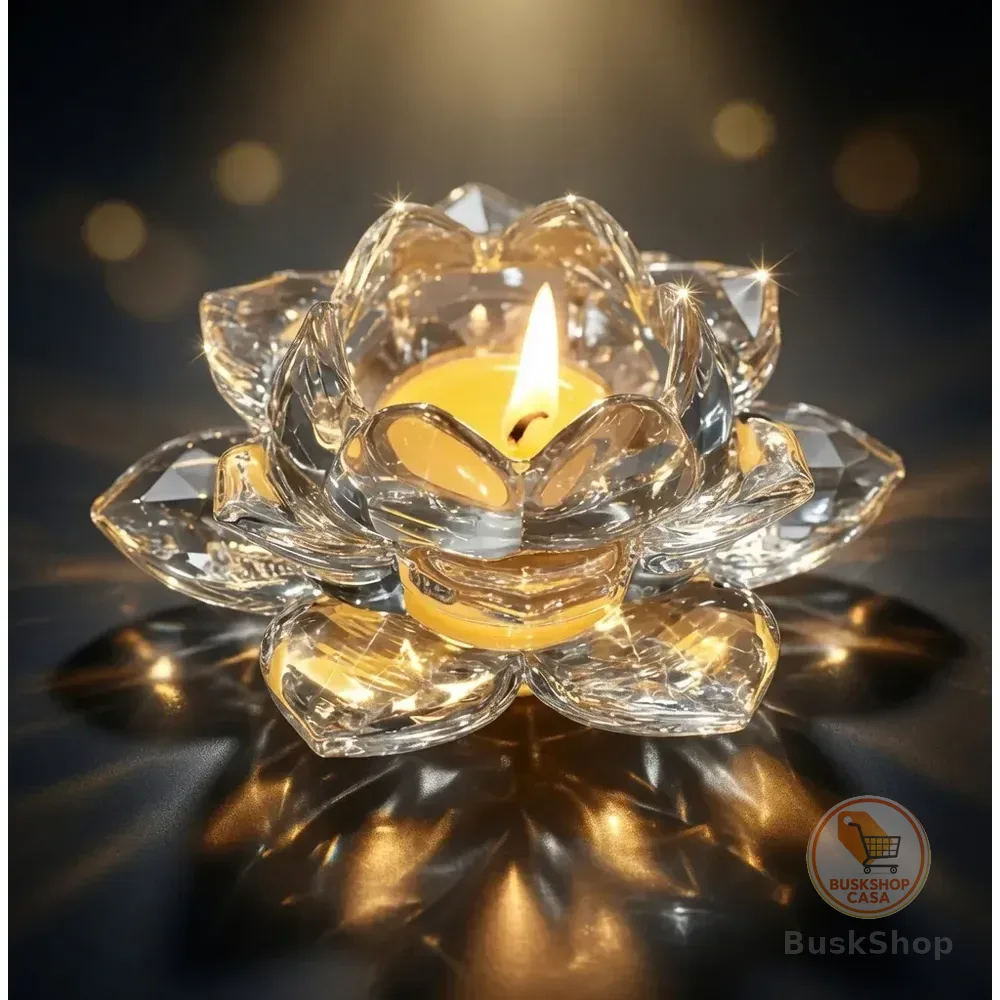 Castiçal De Vidro Cristal Flor De Lotus Porta Vela Oriental Transparente