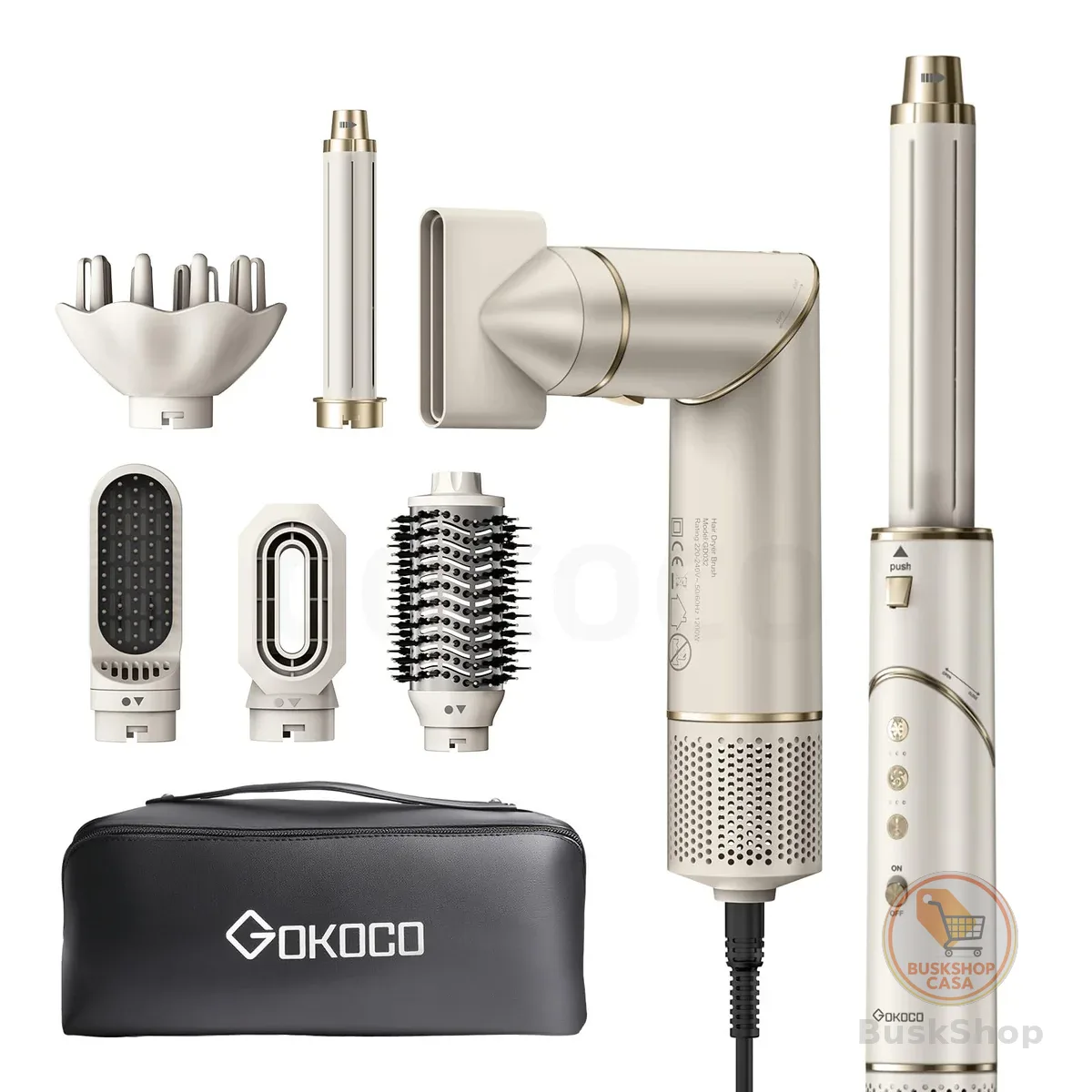 GOKOCO Secador de Cabelo 127v/110v 7 em 1 - Incluso 2x Bocal, Difusor, Escova Secadora, 2x Modelador de Cachos, Alisador para Alta Velocidade Para Secar, Alisar e Enrolar, GD032 Dourado