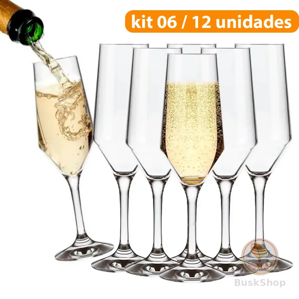 Kit Jogo 12 /06 Taça Vidro Cristalino Buffet 186ML Champanhe Espumante Vinho Branco Bar Restaurante