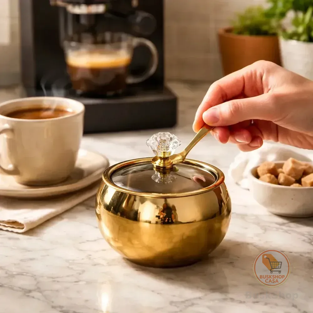 Açucareiro Dourado Inox Com Tampa De Vidro E Colher Pegador Cristal